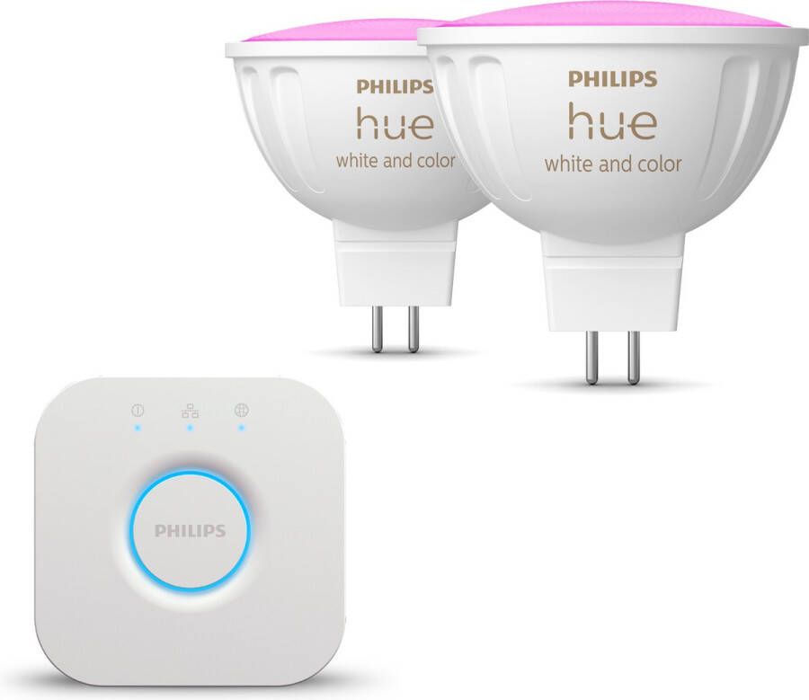 Philips Hue Starterspakket White and Color Ambiance GU5.3 2 Hue Lampen en Bridge Eenvoudige Installatie Werkt met Alexa en Google Home
