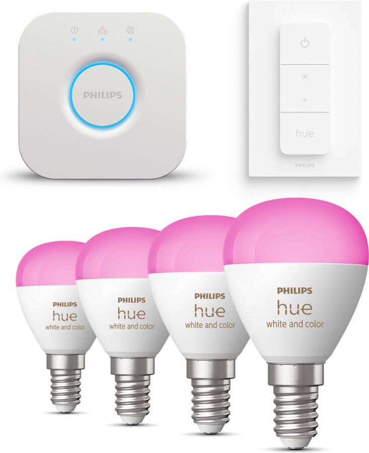 Philips Hue Starterspakket White and Color Ambiance Kogellamp E14 4 Hue Lampen Bridge en Dimmer Switch Eenvoudige Installatie Werkt met Alexa en Google Home