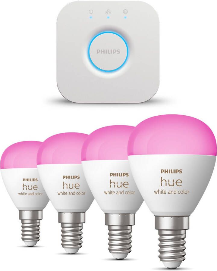 Philips Hue Starterspakket White and Color Ambiance Kogellamp E14 4 Hue Lampen en Bridge Eenvoudige Installatie Werkt met Alexa en Google Home