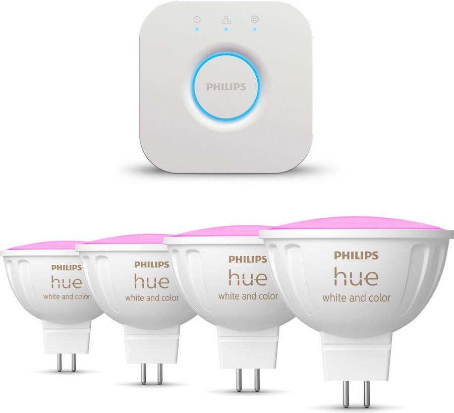 Philips Hue Starterspakket White and Color Ambiance GU5.3 4 Hue Lampen en Bridge Eenvoudige Installatie Werkt met Alexa en Google Home