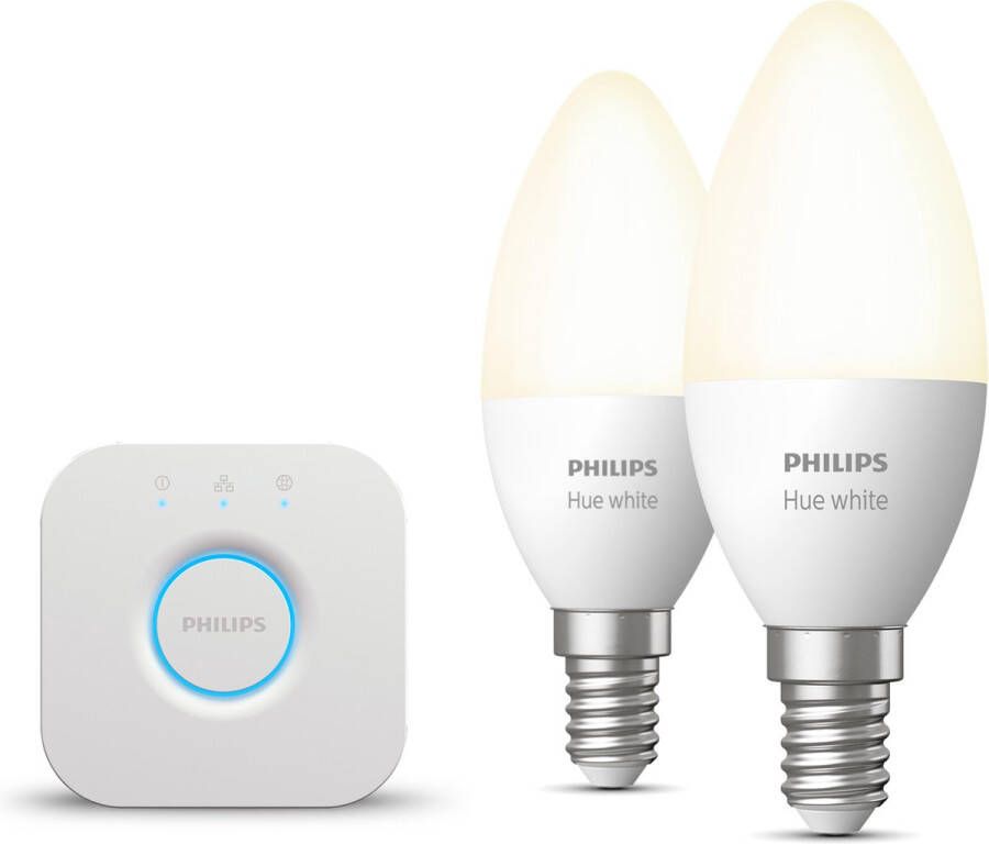 Philips Hue Starterspakket White E14 2 Hue LED Kaarsampen en Bridge Eenvoudige Installatie Werkt met Alexa en Google Home