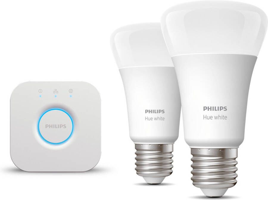 Philips Hue Starterspakket White E27 2 Hue E27 LED Lampen en Bridge Eenvoudige Installatie Werkt met Alexa en Google Home