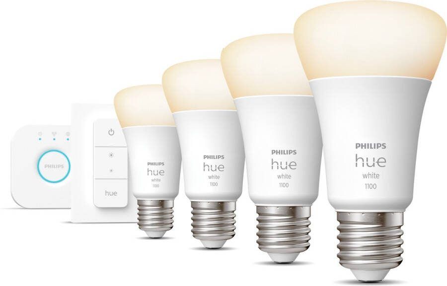 Philips Hue Starterspakket White E27 4 Hue E27 Lampen Bridge en Dimmer Switch Eenvoudige Installatie Werkt met Alexa en Google Home
