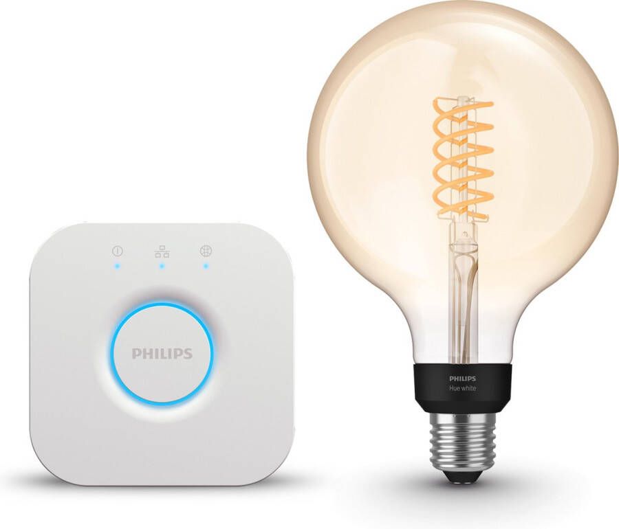 Philips Hue Starterspakket White E27 Filament Edison Groot (ST72) 2 Hue LED Lampen en Bridge Eenvoudige Installatie Werkt met Alexa en Google Home