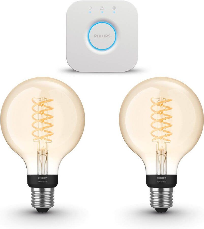 Philips Hue Starterspakket White E27 Filament Edison Klein (G93) 2 Hue LED Lampen en Bridge Eenvoudige Installatie Werkt met Alexa en Google Home