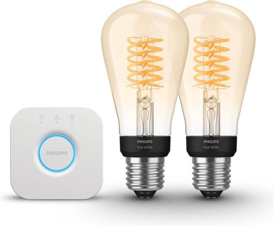 Philips Hue Starterspakket White E27 Filament Edison Klein (ST64) 2 Hue E27 LED Lampen en Bridge Eenvoudige Installatie Werkt met Alexa en Google Home