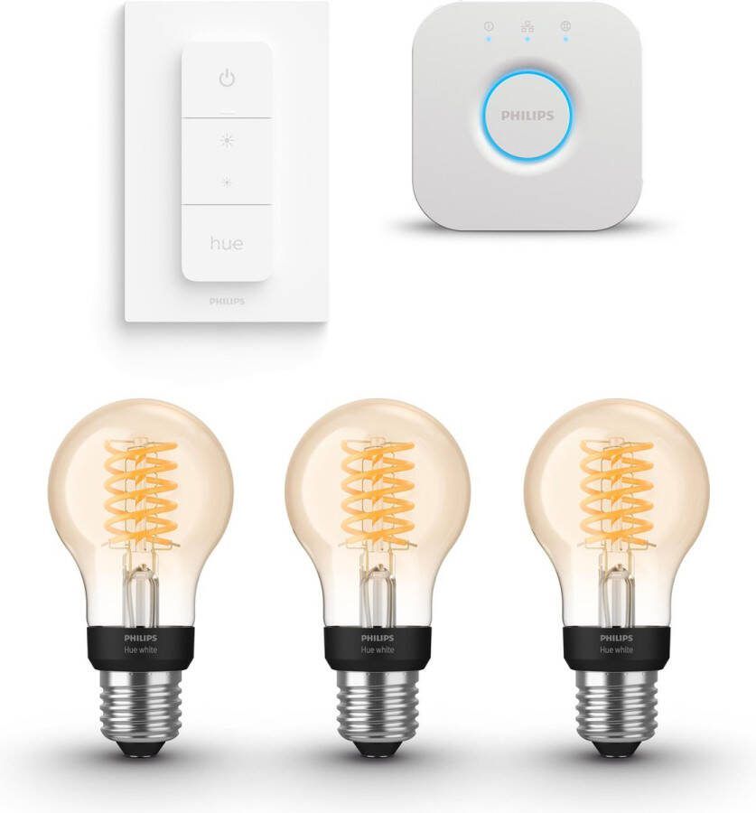 Philips Hue Starterspakket White Filament E27 3 Hue Filament Lampen Dimmer Switch en Bridge Eenvoudige Installatie Werkt met Alexa en Google Home