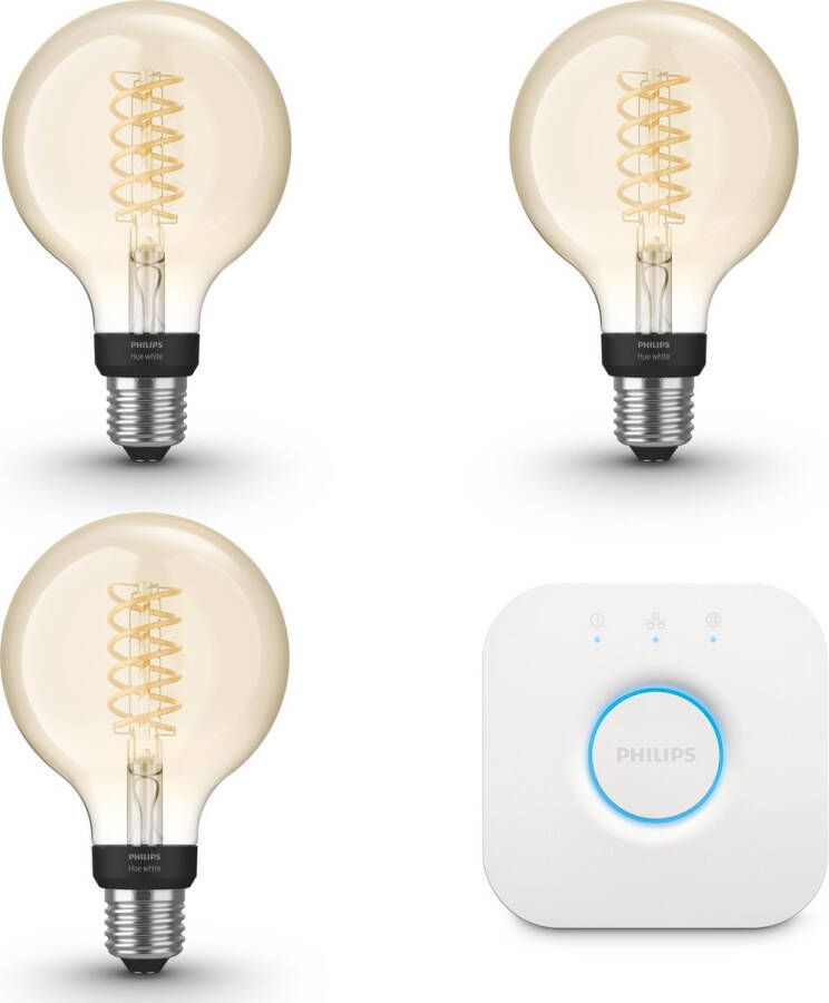 Philips Hue Starterspakket White Filament E27 3 Hue Filament Lampen met Bridge Eenvoudige Installatie Werkt met Alexa en Google Home