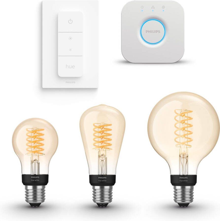 Philips Hue Starterspakket White Filament Mix E27 3 Hue Lampen Bridge en Dimmer Switch Eenvoudige Installatie Werkt met Alexa en Google Home