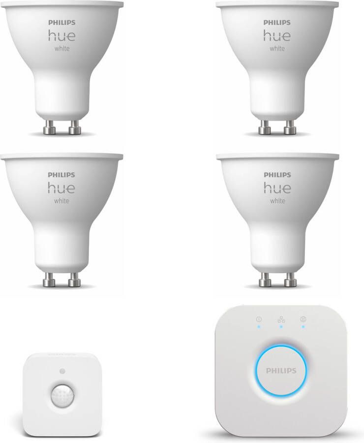 Philips Hue Starterspakket White GU10 4 Hue LED lampen en Bridge Bewegingssensor binnen Eenvoudige Installatie Werkt met Alexa en Google Home
