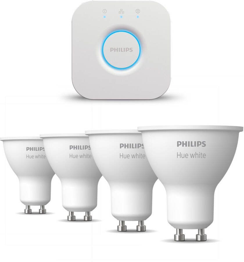 Philips Hue Starterspakket White GU10 4 Hue GU10 LED Lampen en Bridge Eenvoudige Installatie Werkt met Alexa en Google Home