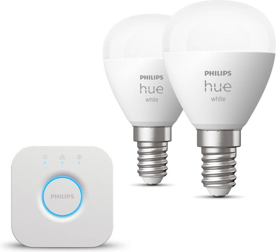 Philips Hue Starterspakket White E14 2 Hue LED Kogellampen en Bridge Eenvoudige Installatie Werkt met Alexa en Google Home