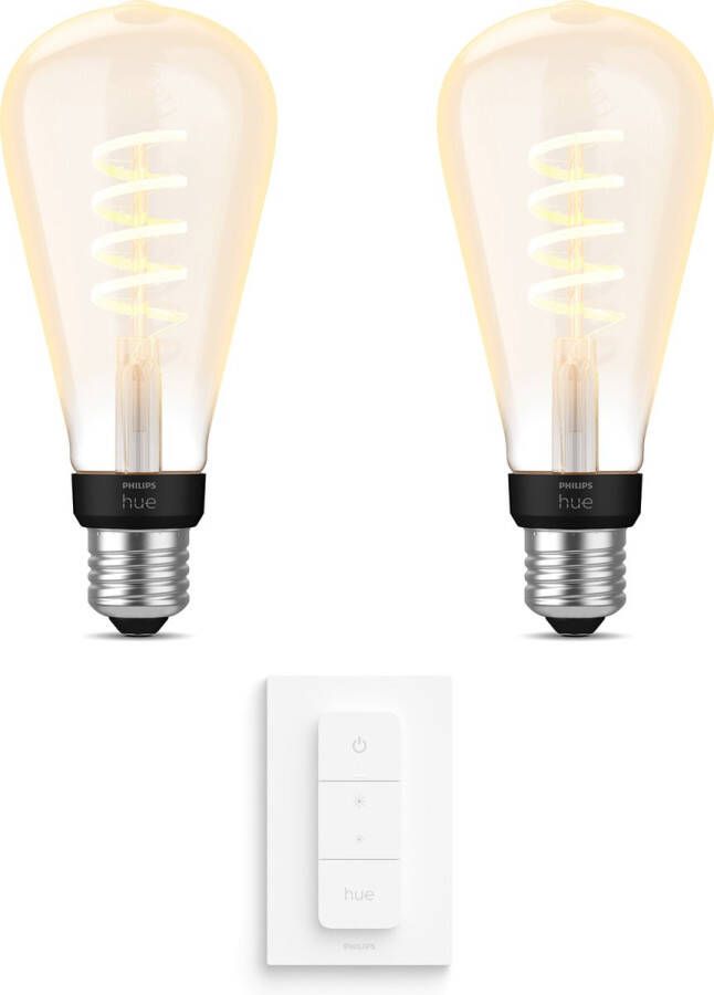 Philips Hue Uitbreidingspakket White Ambiance E27 2 Hue Lampen en Dimmer Switch Warm tot Koelwit Licht Filament Edison Groot Werkt met Alexa en Google Home