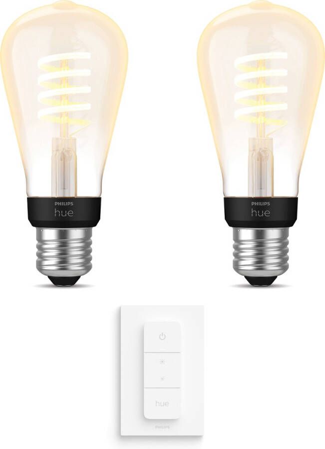 Philips Hue Uitbreidingspakket White Ambiance E27 2 Hue Lampen en Dimmer Switch Warm tot Koelwit Licht Filament Edison Klein Werkt met Alexa en Google Home