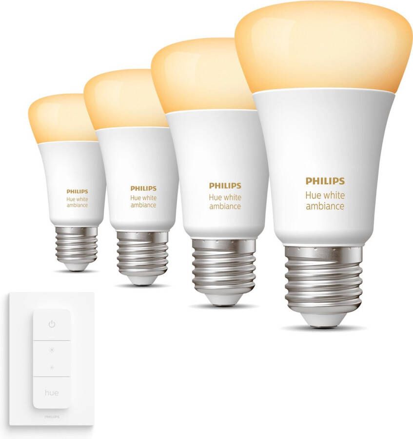 Philips Hue Uitbreidingspakket White Ambiance E27 4 Hue Lampen en Dimmer Switch Warm tot Koelwit Licht Dimbaar