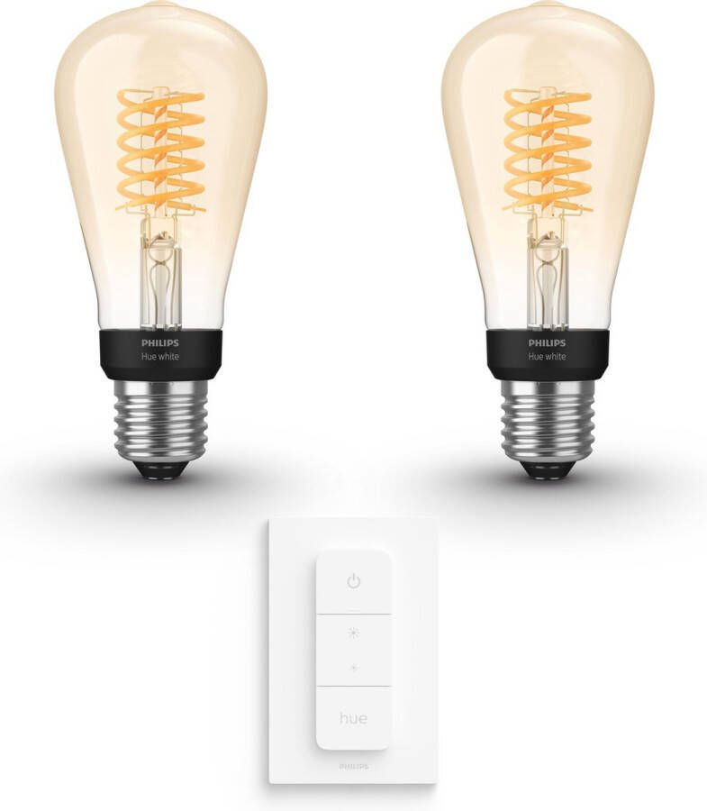 Philips Hue Uitbreidingspakket White Filament Edison klein E27 2 lampen incl dimmer switch