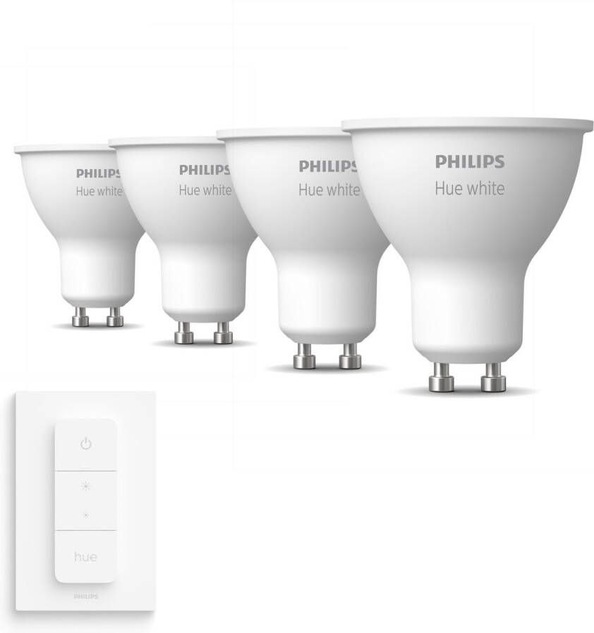 Philips Hue Uitbreidingspakket White GU10 4 Hue Lampen en Dimmer Switch Warm Wit Licht Dimbaar