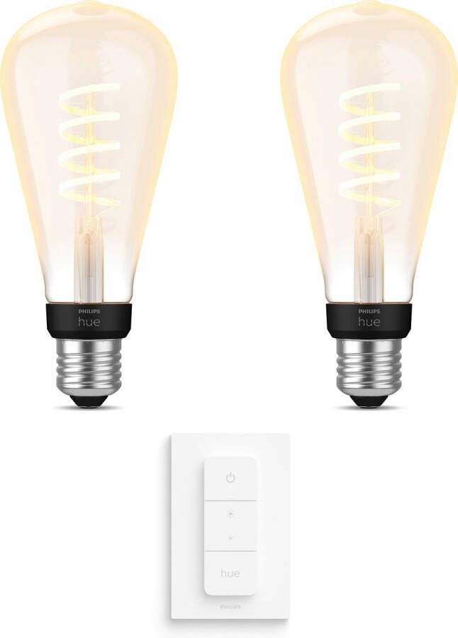 Philips Hue White Ambiance E27 Uitbreidingspakket 2 Hue Lampen en Dimmer Switch Warm tot Koelwit Licht Filament Edison Groot Werkt met Alexa en Google Home