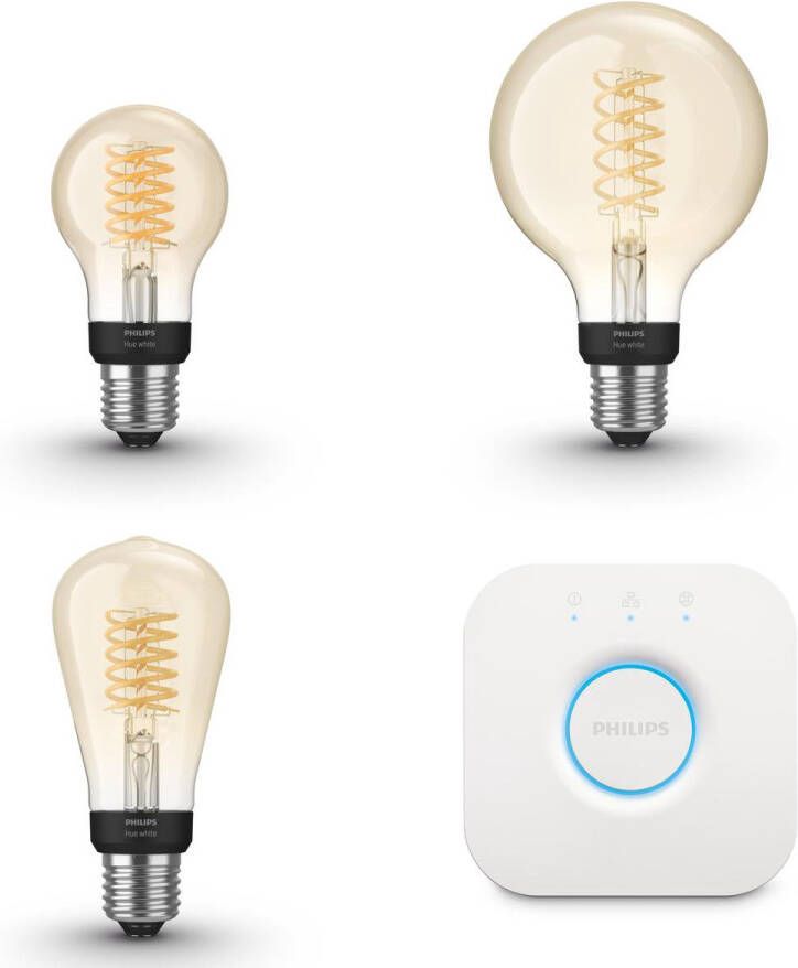 Philips Hue White E27 Starterspakket Filament Lampen Mix 3 Hue Lampen en Bridge Warm tot Koelwit Licht Eenvoudige Installatie Werkt met Alexa en Google Home