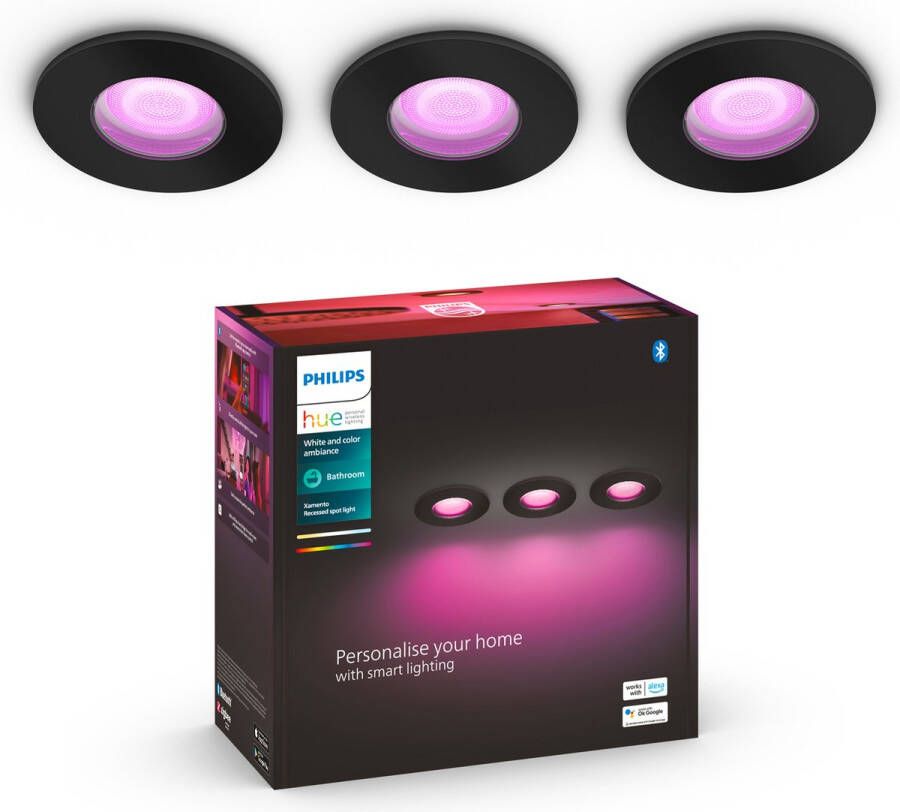 Philips Hue Xamento badkamerinbouwspot wit en gekleurd licht 3-pack zwart rond