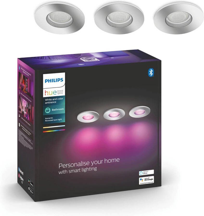 Philips Hue Xamento inbouwspot White and Colour Ambiance GU10 Zilver IP44 3 spot Bluetooth