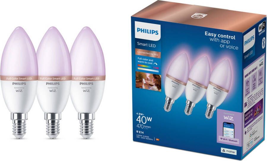 Philips Kaarslamp 40W C37 E14 x3 Intelligente verlichting Wit Wi-Fi Bluetooth LED E14 Variabel