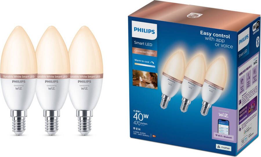 Philips Kaarslamp 40W C37 E14 x3 Intelligente verlichting Wit Wi-Fi Bluetooth LED E14 Warm wit
