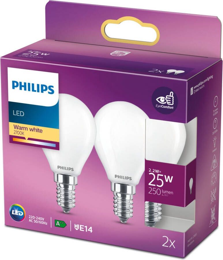 Philips LED Philips energiezuinige LED Kogellamp Mat 25 W E14 warmwit licht 2 stuks Bespaar op energiekosten