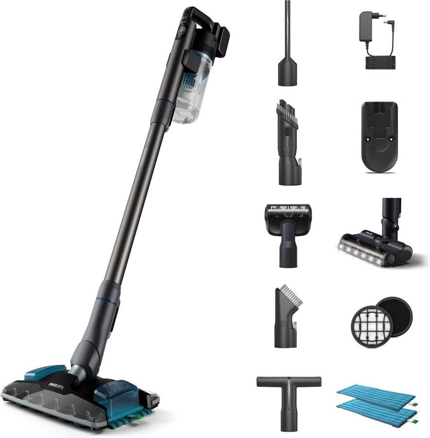 Philips Aqua Plus Cordless 8000 Series XC8057 01 Steelstofzuiger Draadloos met Dweilfunctie Donkerblauw + 4 Extra Mondstukken & Filter