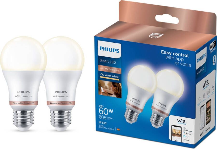 Philips Slimme LED Lamp A60 E27 x2 Dimbaar Kunststof Wi-Fi + Bluetooth Bedien met de WiZ app of je stem