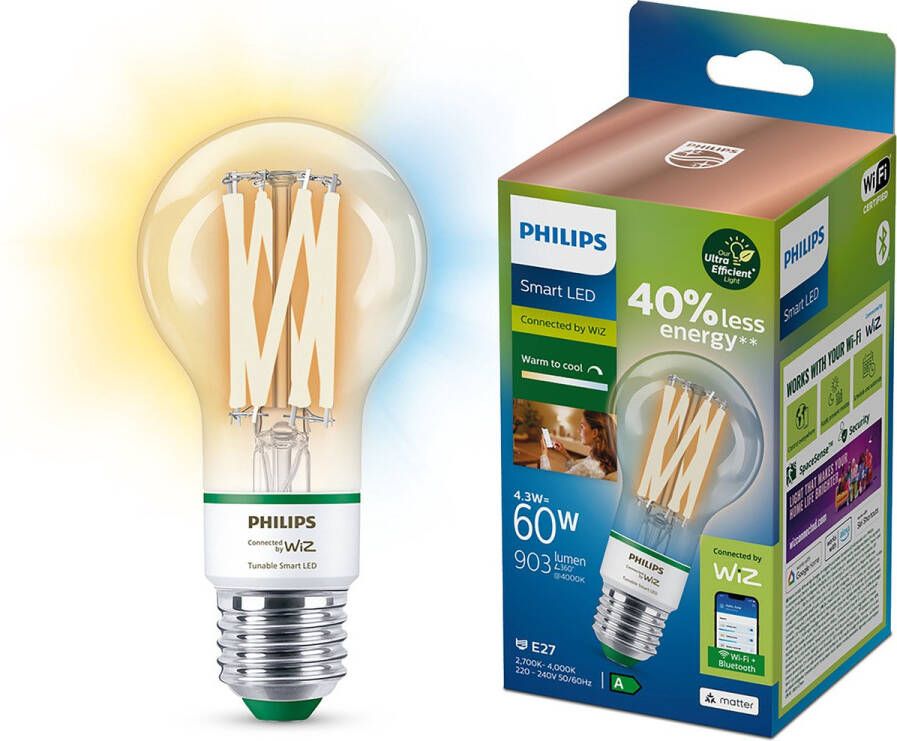 Philips Smart LED Lamp Filament Slimme LED-Verlichting Energieklasse A Warm- tot Koelwit Licht E27 60W Transparant Wi-Fi