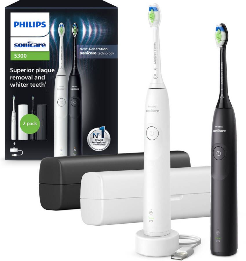 Philips Sonicare 5300 Series Elektrische Tandenborstels Wit & Zwart Duopack- 2 reisetuis Wittere tanden HX7109 01