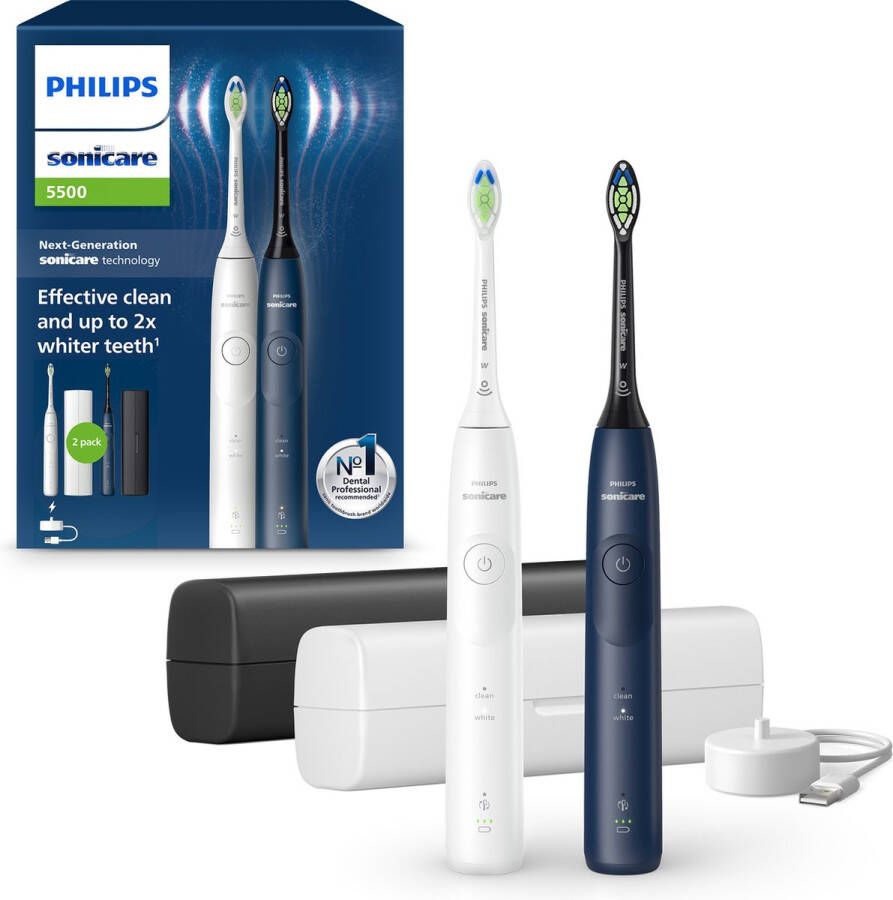 Philips Sonicare 5500 Series Elektrische Tandenborstels Wit & Blauw Duopack – 2 Reisetuis- 2 poetsstanden Wittere tanden HX7119 01
