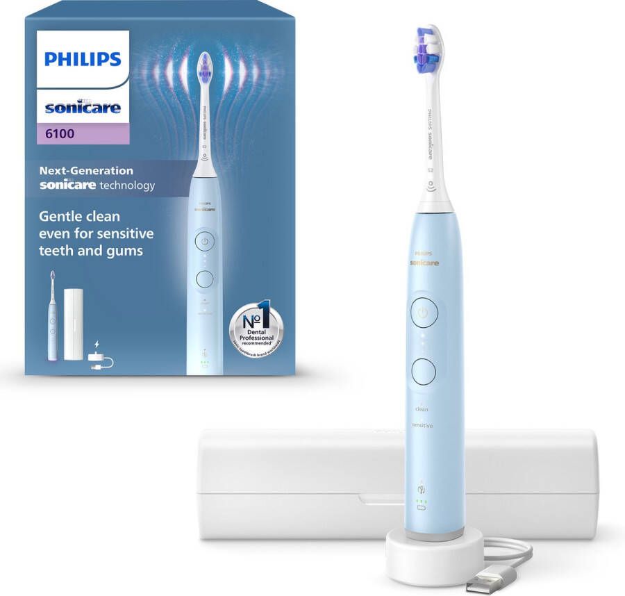 Philips Sonicare 6100 series Elektrische Tandenborstel – Lichtblauw Sensitive opzetborstel – Reisetui Gevoelige tanden HX7406 02