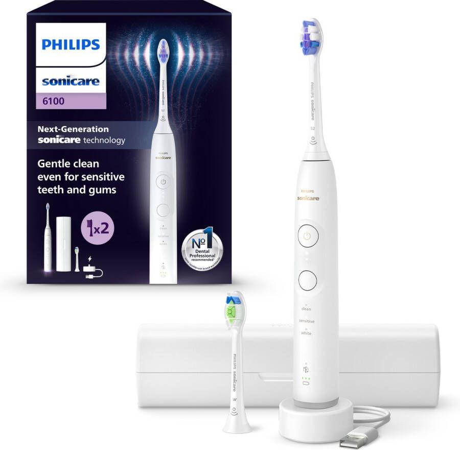 Philips Sonicare 6100 Series Elektrische tandenborstel Wit -Extra Optimal White Opzetborstel – Reisetui Gevoelige tanden- HX7410 02