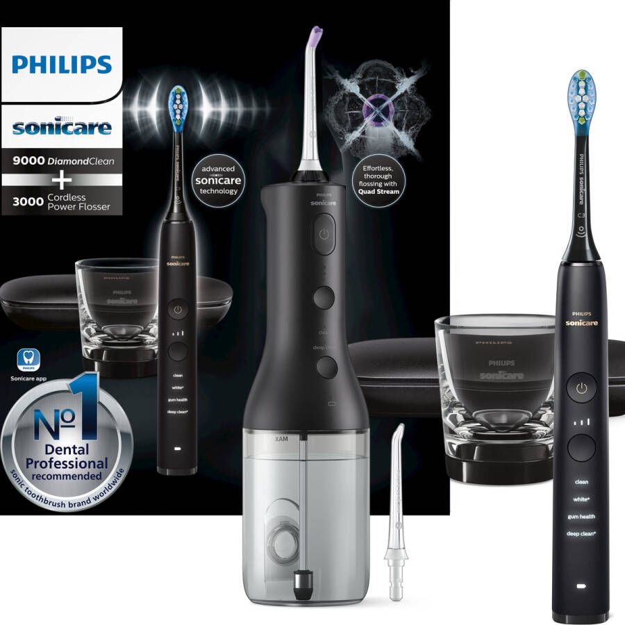 Philips Sonicare 9000 Diamond Clean Zwart (HX9911 09) + Power Flosser 3000 Monddouche Zwart (HX3806 33) Elektrische Tandenborstel en Flosapparaat