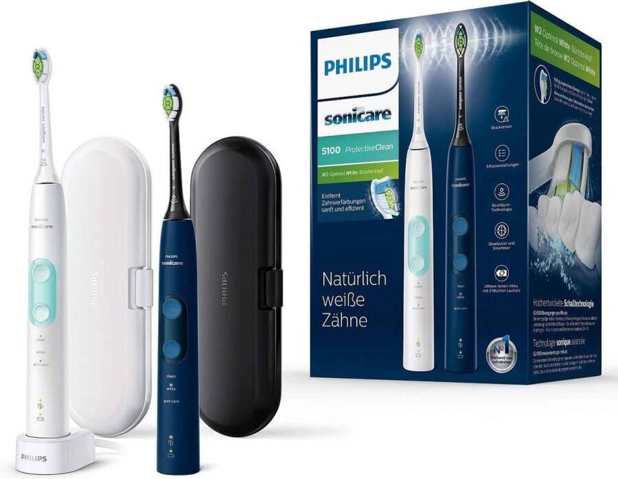 Philips Sonicare ProtectiveClean 5100 elektrische tandenborstel HX6851 34 dubbele verpakking 2 sonische tandenborstels met 3 reinigingsprogramma's drukregeling reisetuis wit blauw