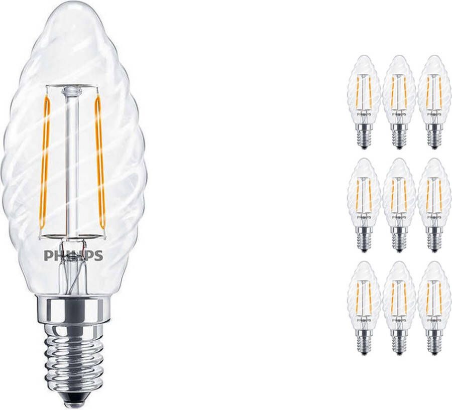 Philips Voordeelpak 10x Corepro LEDcandle E14 Gedraaid Kaars Filament Helder 2W 250lm 827 Zeer Warm Wit Vervangt 25W