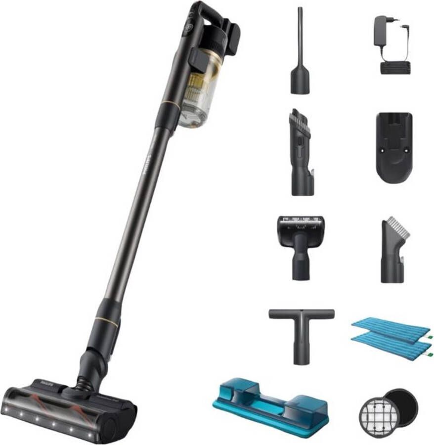 PHILPS Philips Aqua Cordless 7000 Series XC7057 01 Steelstofzuiger Draadloos met Dweilfunctie Goud Zwart + 4 Extra Mondstukken & Filter
