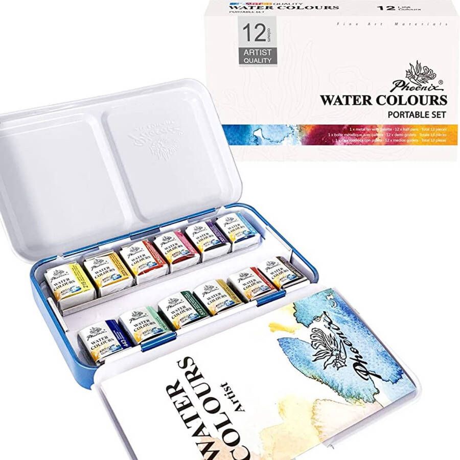 Phoenix Art Supplies Phoenix Aquarelverf Set van 12 halve napjes in metalen doos