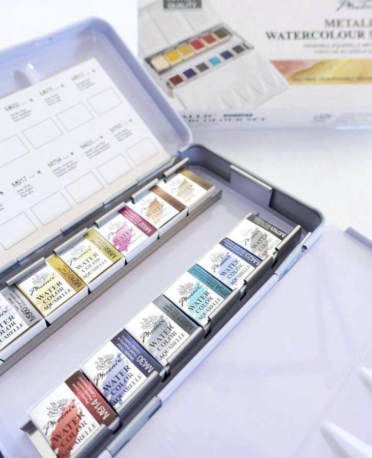 Phoenix Art Supplies Phoenix Aquarelverf Set van 12 halve napjes in metalen doos Metallic kleuren