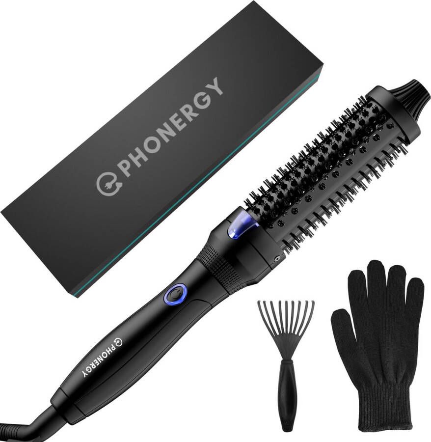 Phonergy Thermostyle- Warmteborstel- Fohnborstel Krulborstel- 38 mm- 2024 LED display Titanium Keramisch High end Inclusief Hittebestendige Handschoen -Tas- Mat zwart