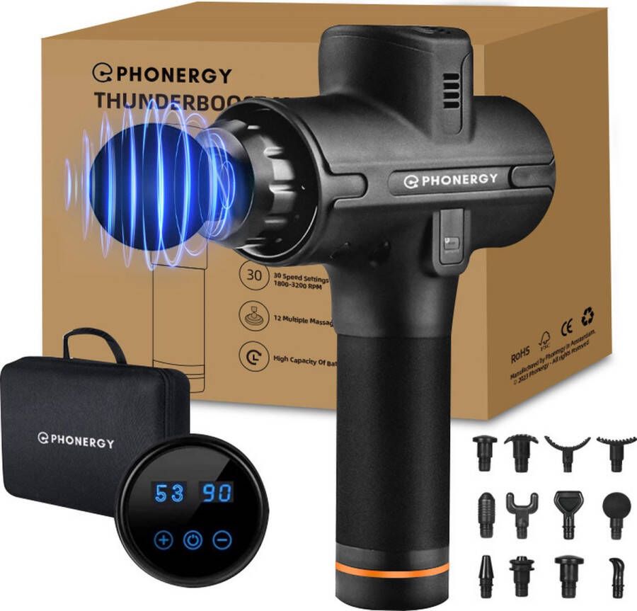 Phonergy Thunderboost Massage Gun- Massage Apparaat Massage Gun Professioneel Massage pistool- Zeer Krachtig Extreem Stil 12 Opzetstukken 30 Standen Midnight Black