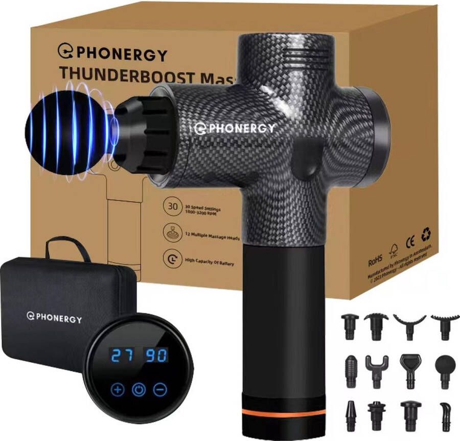 Phonergy Thunderboost Massage Gun- Massage Apparaat Massage Gun Professioneel Theragun- Zeer Krachtig Extreem Stil 12 Opzetstukken 30 Standen Carbon Fiber