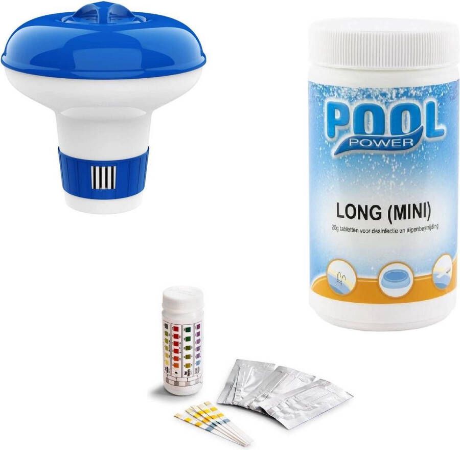 Phoof Zwembadonderhoud Bundelpakket Comfortpool Zwembad test strips PH waarde en Chloor 3 in 1 50 strips Watertester Teststrips & Poolpower long (mini) 20 grams chloortabletten 1 kg & Chloordrijver