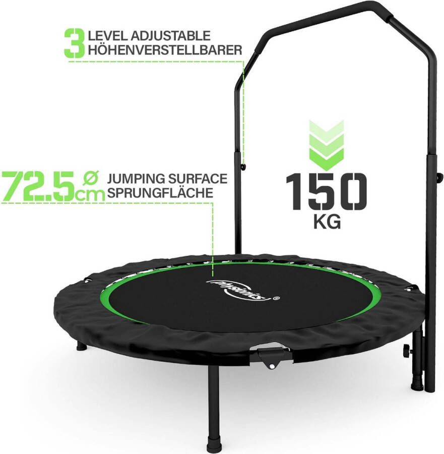 Physionics Fitness trampoline diameter 101 cm in hoogte verstelbare handgreep tot 150 kg inklapbaar mini-trampoline aerobic trampoline voor volwassenen en kinderen indoor jumper rebounder groen
