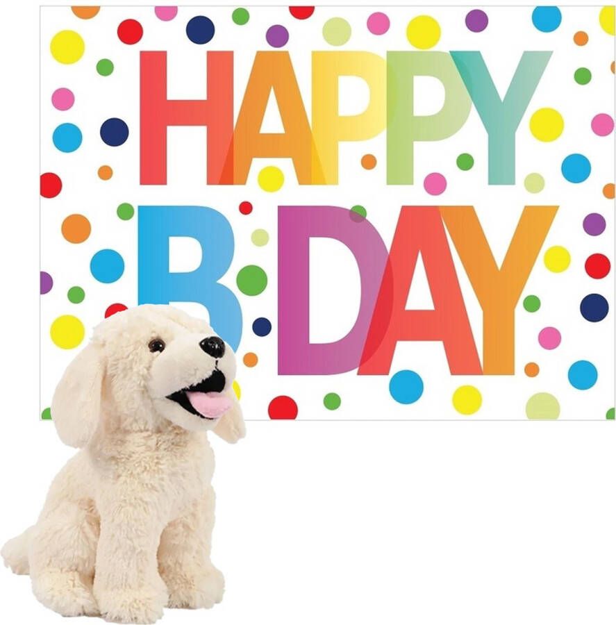Pia Pluche dieren knuffel labrador hond 20 cm met Happy Birthday wenskaart Knuffel huisdieren