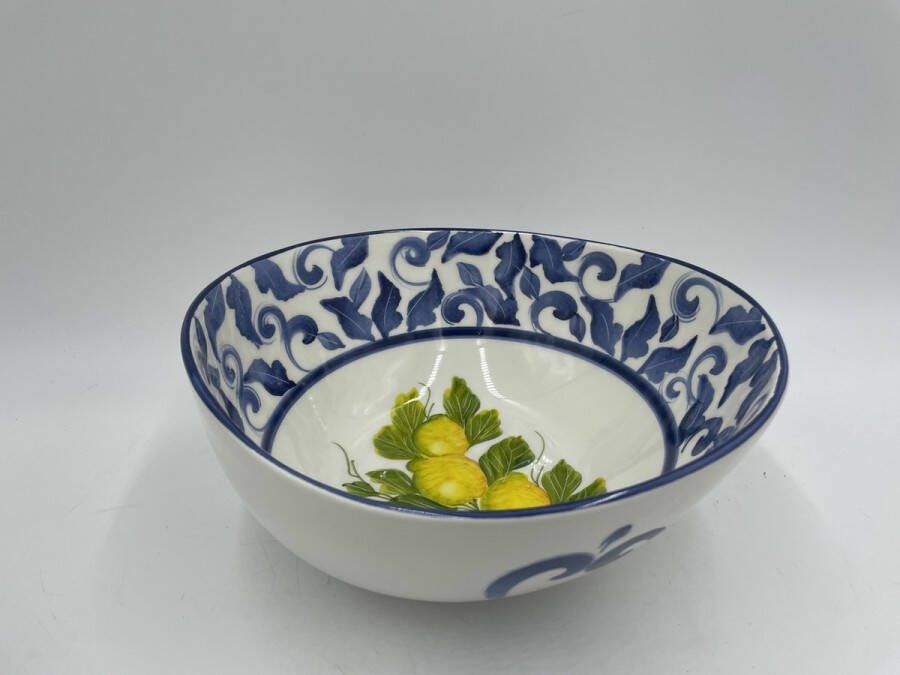 Piccobella Organische Saladekom Damascato Citroen blauw wit 23 cm aardewerk FW52 Italiaans Servies