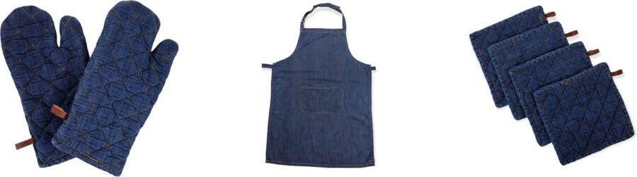 Picnic Jeans Denim Keukenset | 1 schort 2 ovenwanten en 4 pannenlappen | 100% katoen blauw