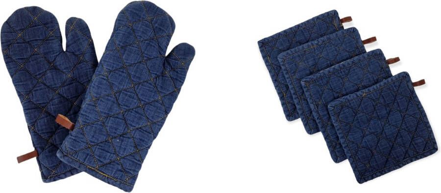 Picnic Jeans Denim set van 6 stuks | 2 ovenwanten en 4 pannenlappen | 100% katoen blauw